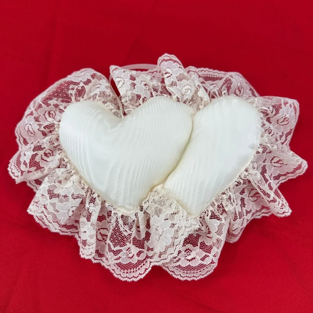 Double Heart‎ Shaped Pillow White Lace Trim Romantic Wedding Accent
